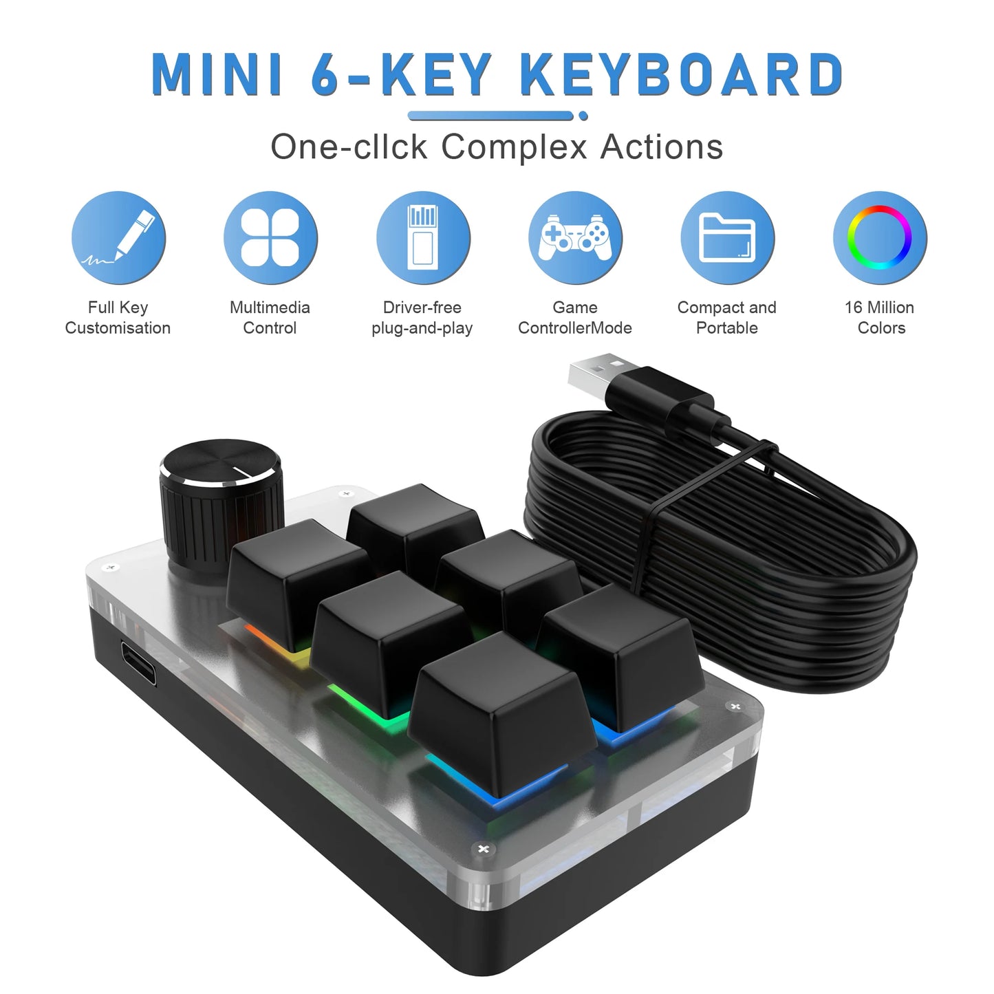 Wired Custom RGB 6 Key 1 Knob Keyboard Programming Macro Gaming Keypad Copy Paste PS Mechanical Keyboard Hot Swap Macro Keyboard Peaceful Pleasures Health and Wellness Navy Blue
