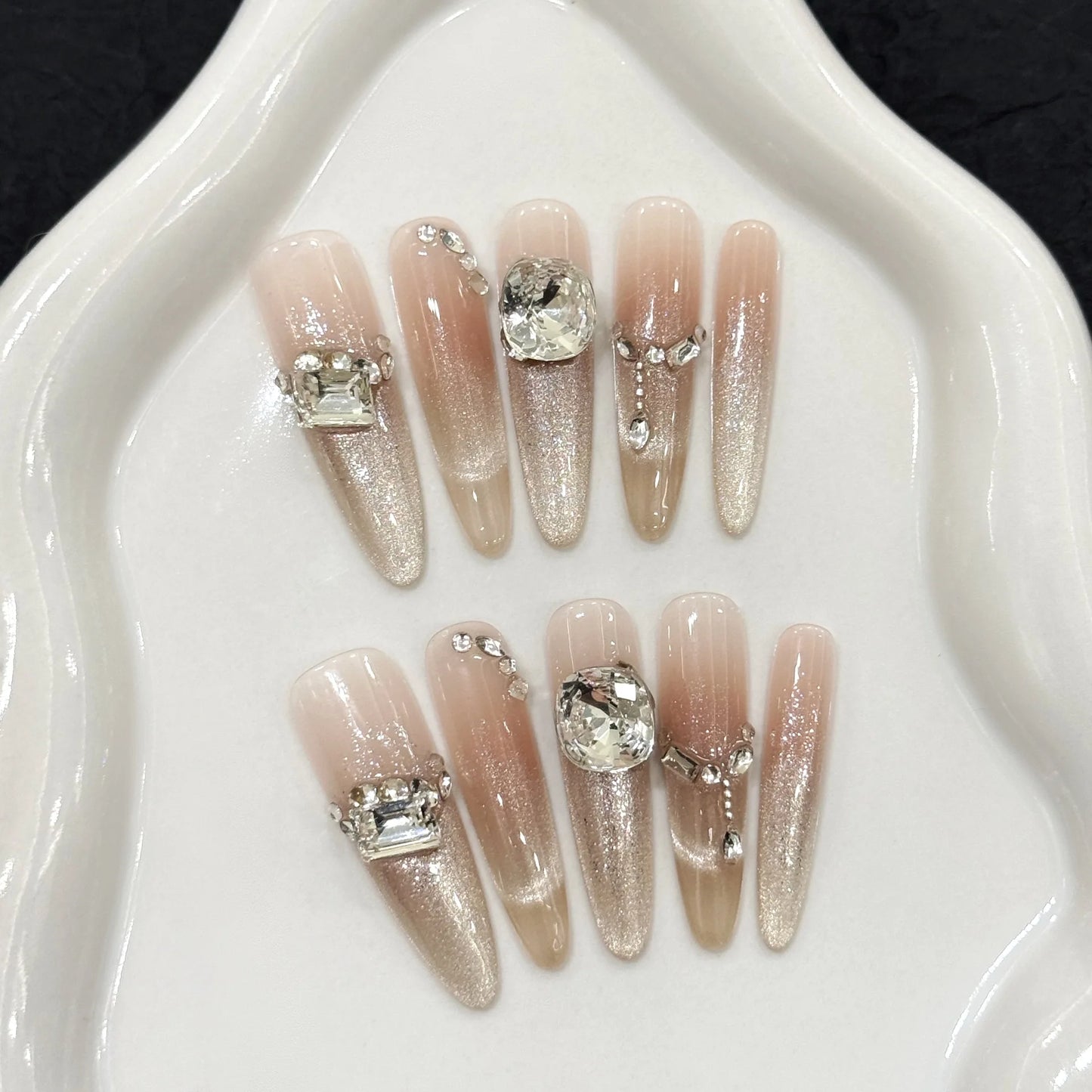 Press On Nails Glitter Gold Cat Eye Long Oval | 10pc Set