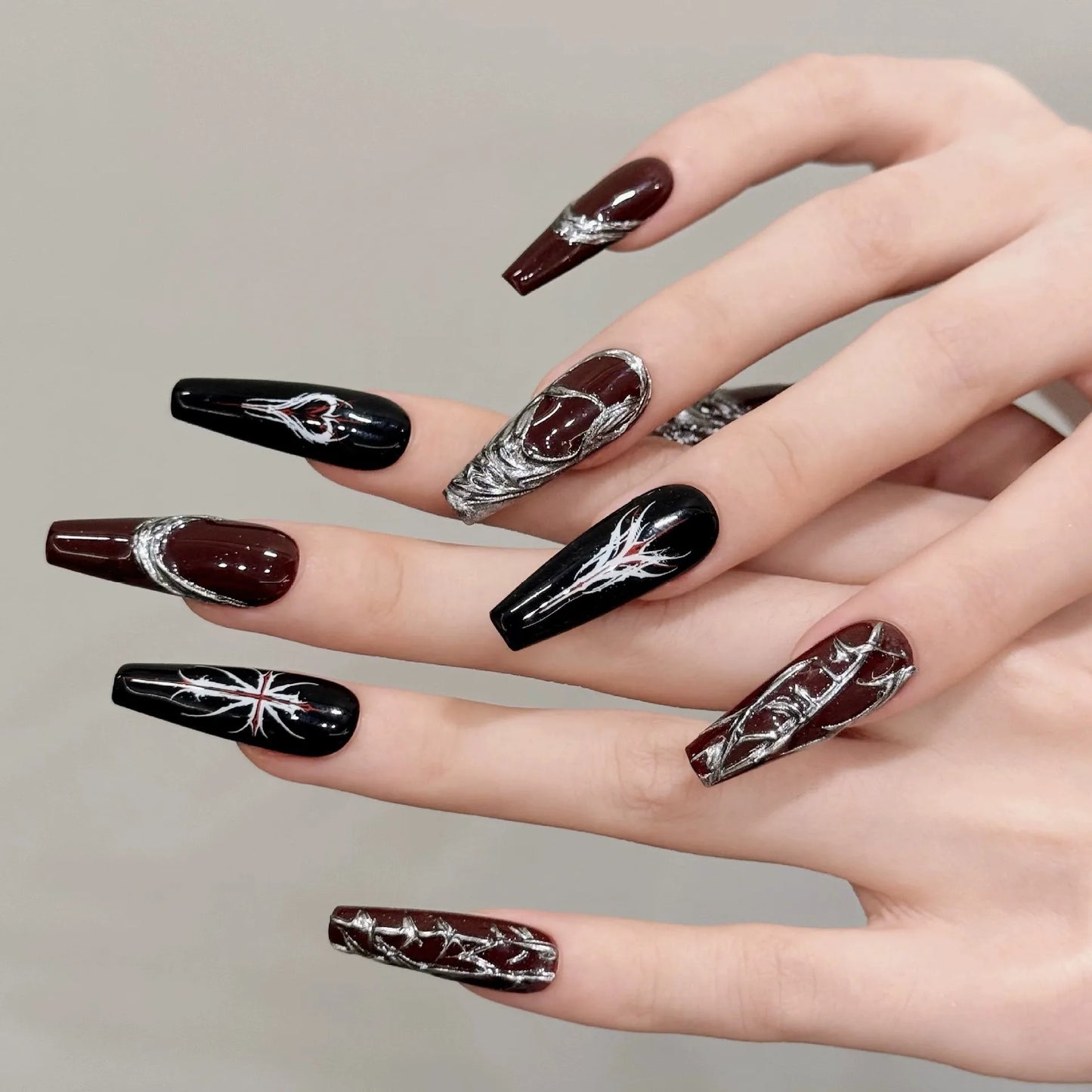 Handmade Press on Nails Dark Gothic Y2K False Nails Wearable Silver Stripe Decor Long Almond Spice Girls Wine Red Fake Nail Tips Peaceful Pleasures Health and Wellness