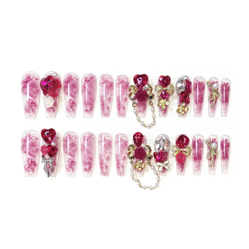 24pcs New Year Heavy Metal Press on Nails Chinese Bride Wedding Fake Nails Full Cover Wearable Shiny Large Crystal False Nails Peaceful Pleasures Health and Wellness