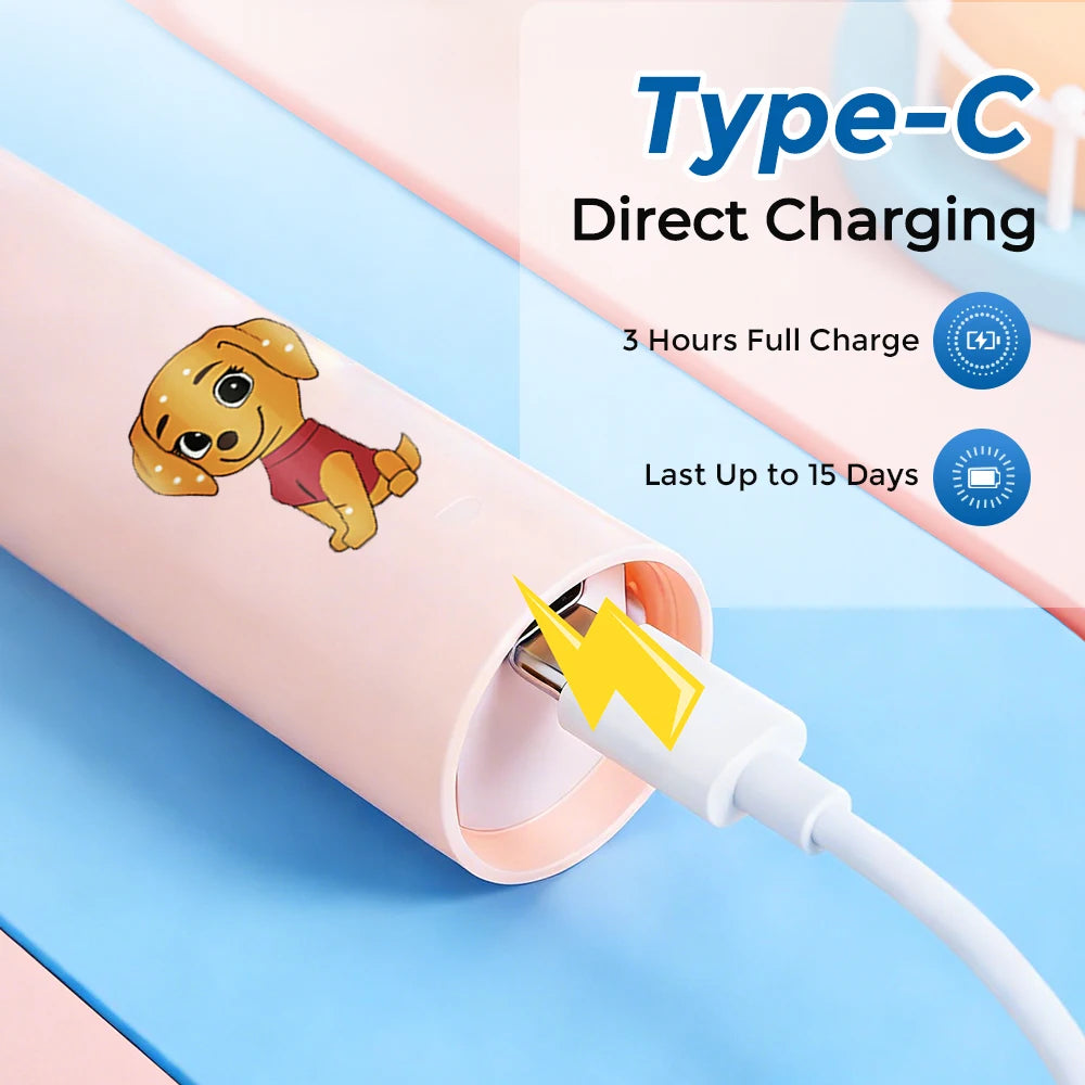 Children's Cartoon Electric Toothbrush with 4 Replacement Heads 5 Cleaning Modes Rotating Smart Rechargeable Auto Tooth Brush Peaceful Pleasures Health and Wellness