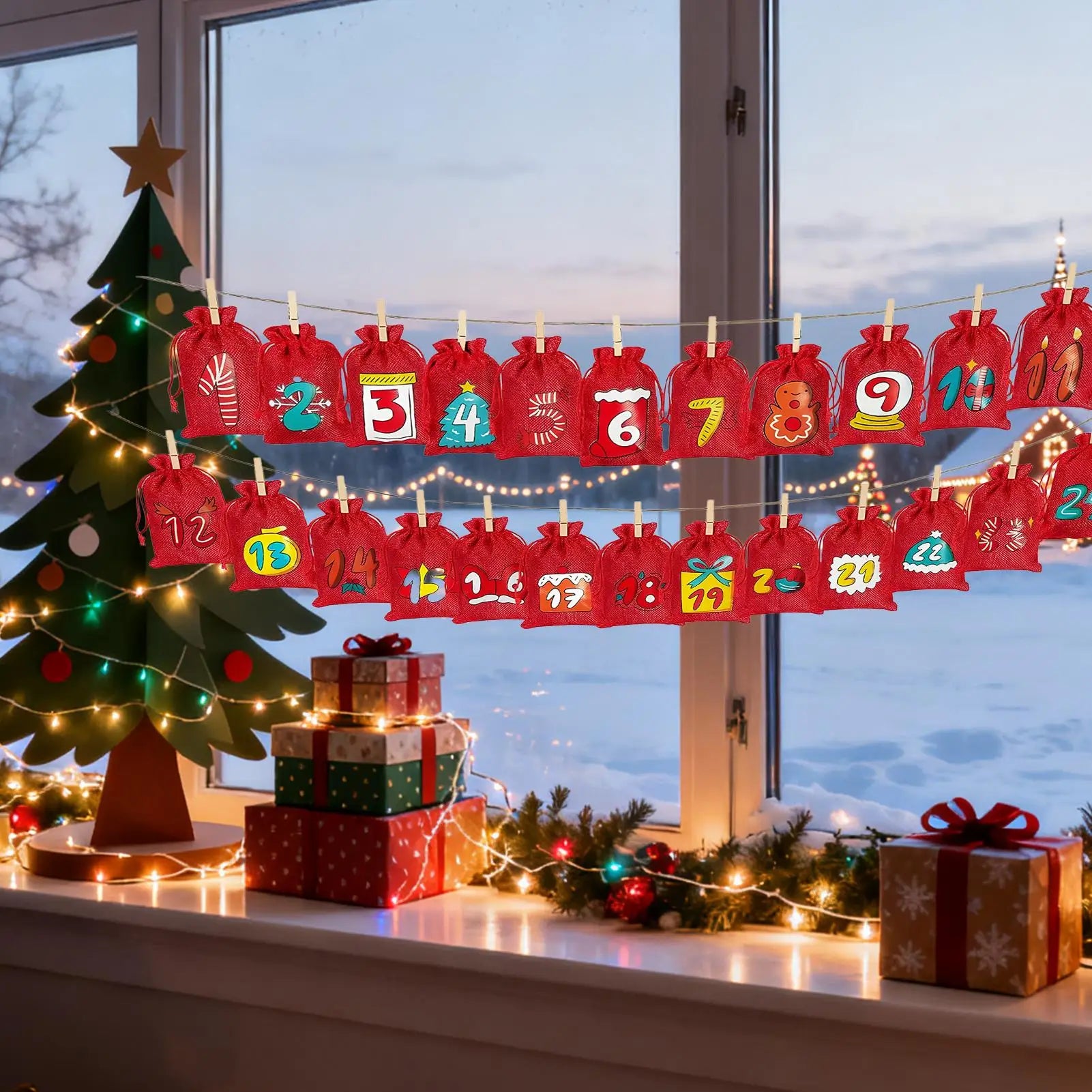Advent Christmas Calendar Bags 24-Day Christmas Decorations Reusable Empty Drawstring Bags With Numbers For Wedding Holiday Peaceful Pleasures Health and Wellness