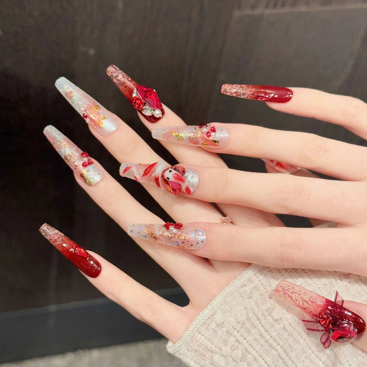 3D Snake Rose Press On Nails – Long Coffin Red Pink Gradient