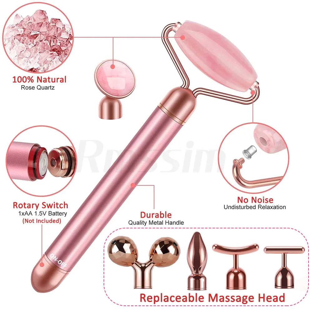New Electric Vibrating Jade Roller Massager For Slimming Face Lifting Rose Quartz 3D Roller Stone Facial Skin Care Beauty Tool Peaceful Pleasures Health and Wellness