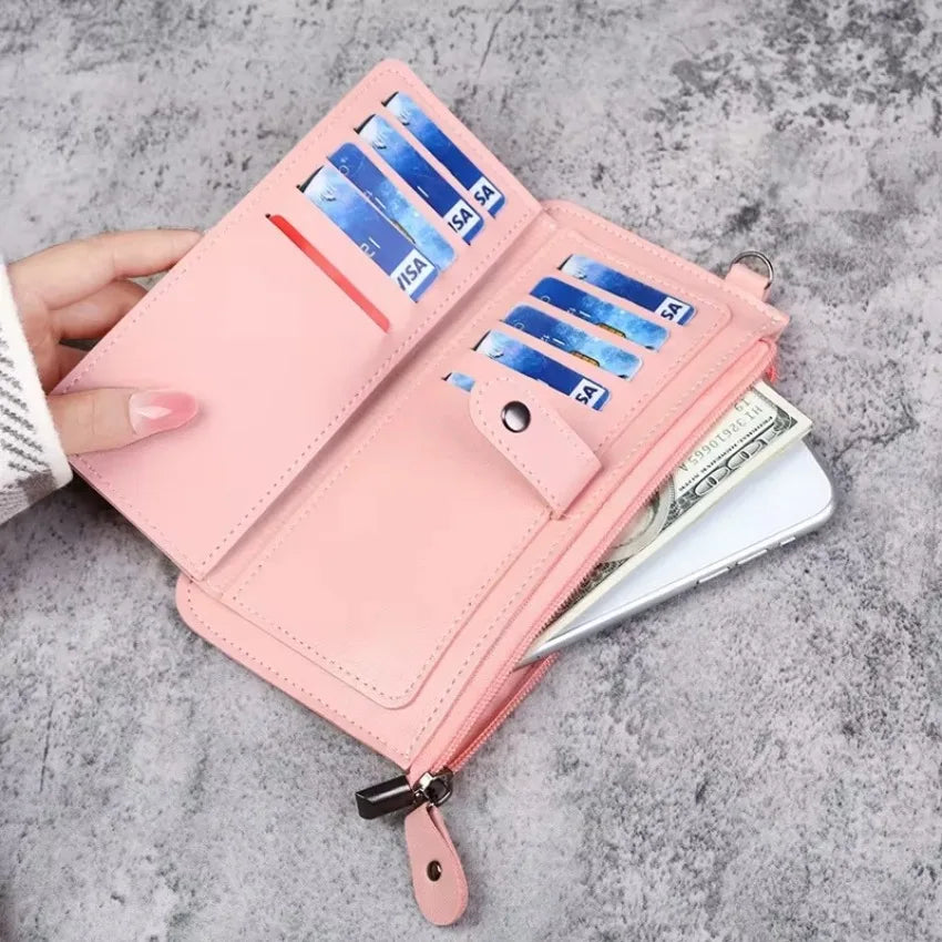PU Leather Long Multi-card Position Clutch Buckle Zipper Studen