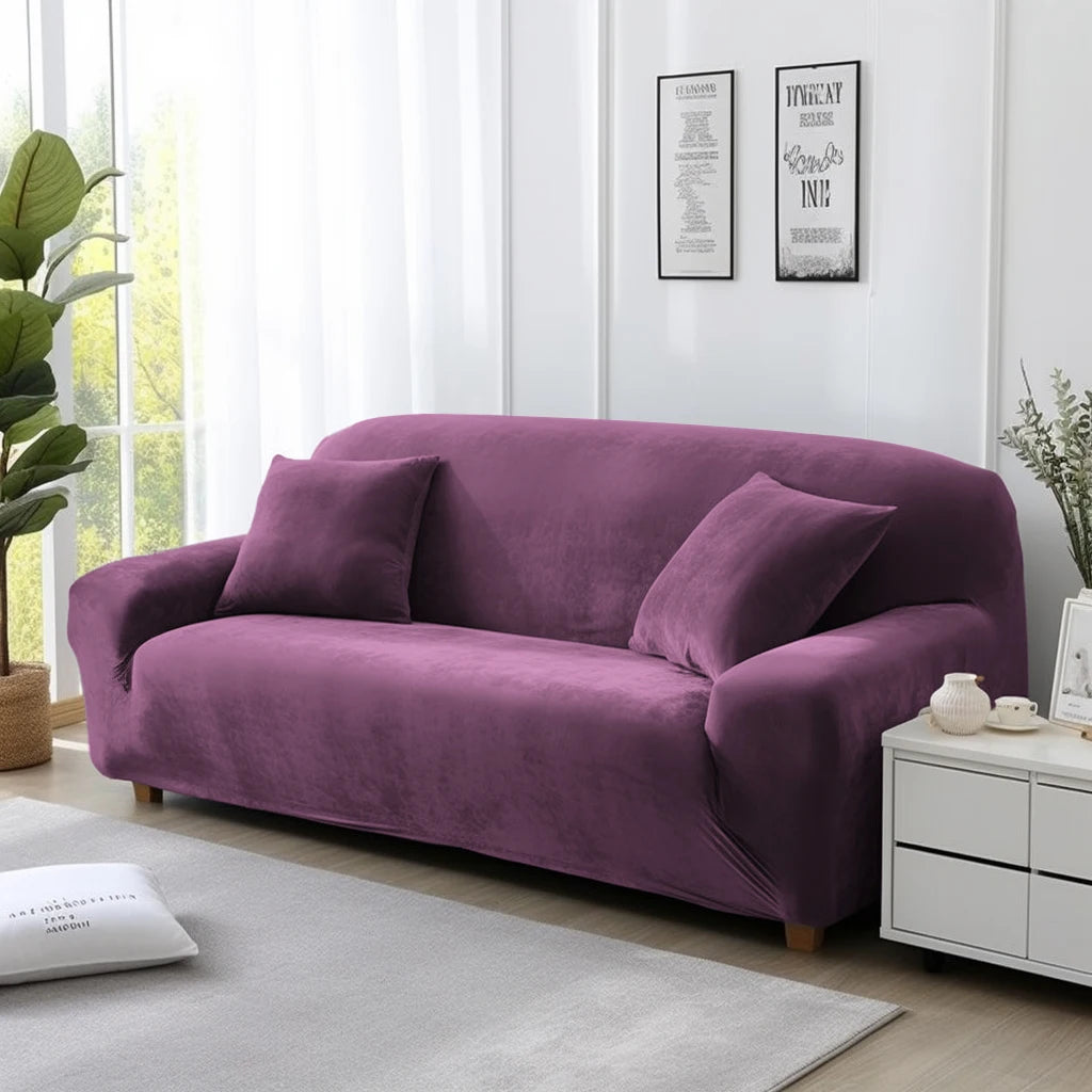Thick Velvet Sofa Covers 1 2 3 4 Seater Stretch Non-Slip Couch Cover Furniture Protector Plush Sofa Slipcovers with 1 Pillowcase Peaceful Pleasures Health and Wellness Purple 1seat (90-140cm)