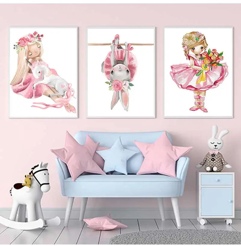 Kids Canvas Wall Art | Ballet Girl Rabbit Unicorn Poster Print