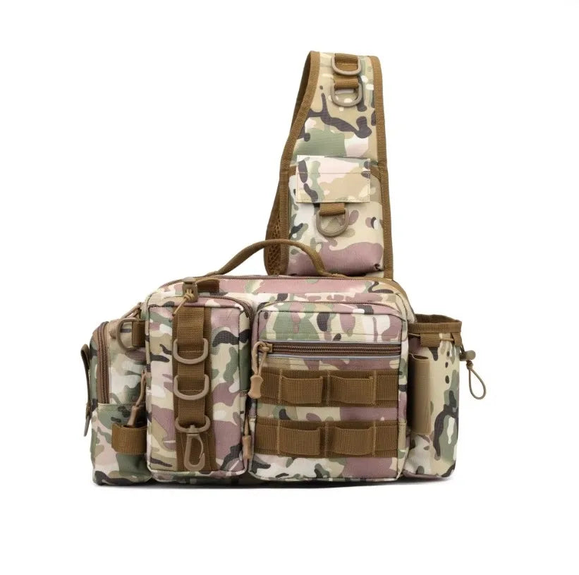 Fishing Tackle Backpack Fishing Fanny Pack Crossbody Bag Fishing Tackle Box Organizer with Rod & Gear Holder, Ideal for Fishing Peaceful Pleasures Health and Wellness Brown Camouflage