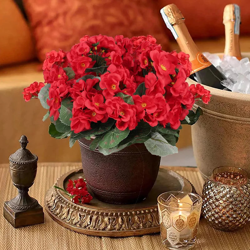 2Pcs Artificial Silk Geranium Flowers | Red Fake Plants for Home