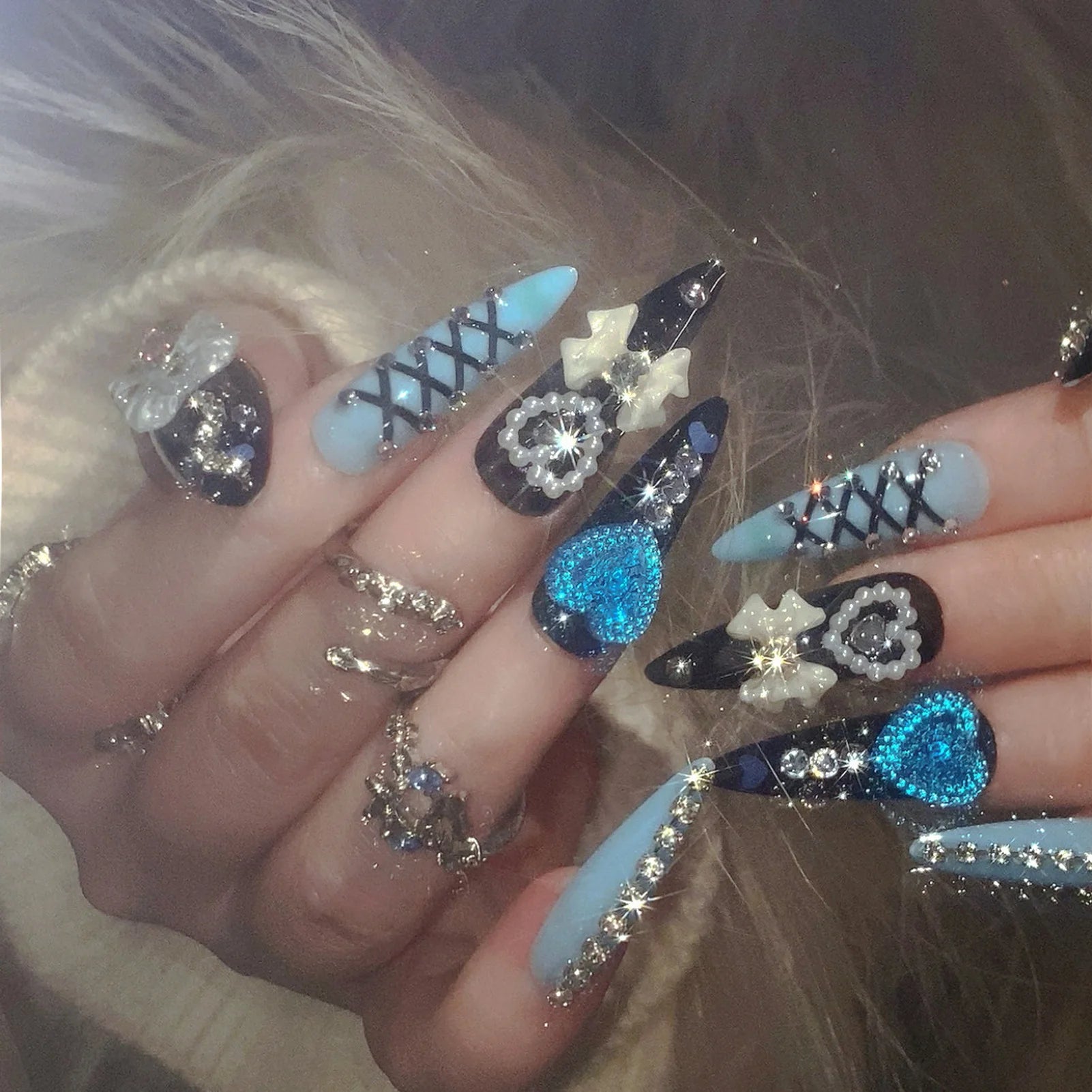 24pcs 3D Bow Press On Nails | Y2K Glitter Rhinestone Almond Set Press On Nails Peaceful Pleasures Health and Wellness