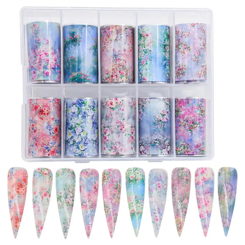 10Rolls Mixed Nail Art Foils Transfer Sticker Set Rose Flower Designs Floral Starry Sky Nail Wraps Wedding Summer Manicure Decor Peaceful Pleasures Health and Wellness