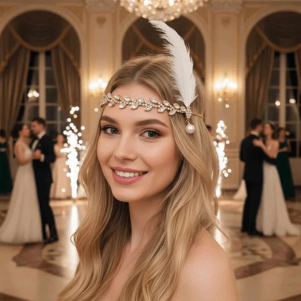 Retro Rhinestone Feather Hairband – Unisex Gold & Silver