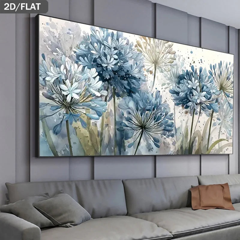 1pc Modern Blue Agapanthus Watercolor Frameless Canvas Painting Blue Flower Wall Art for Living Room, Minimalist Botanical Print Peaceful Pleasures Health and Wellness