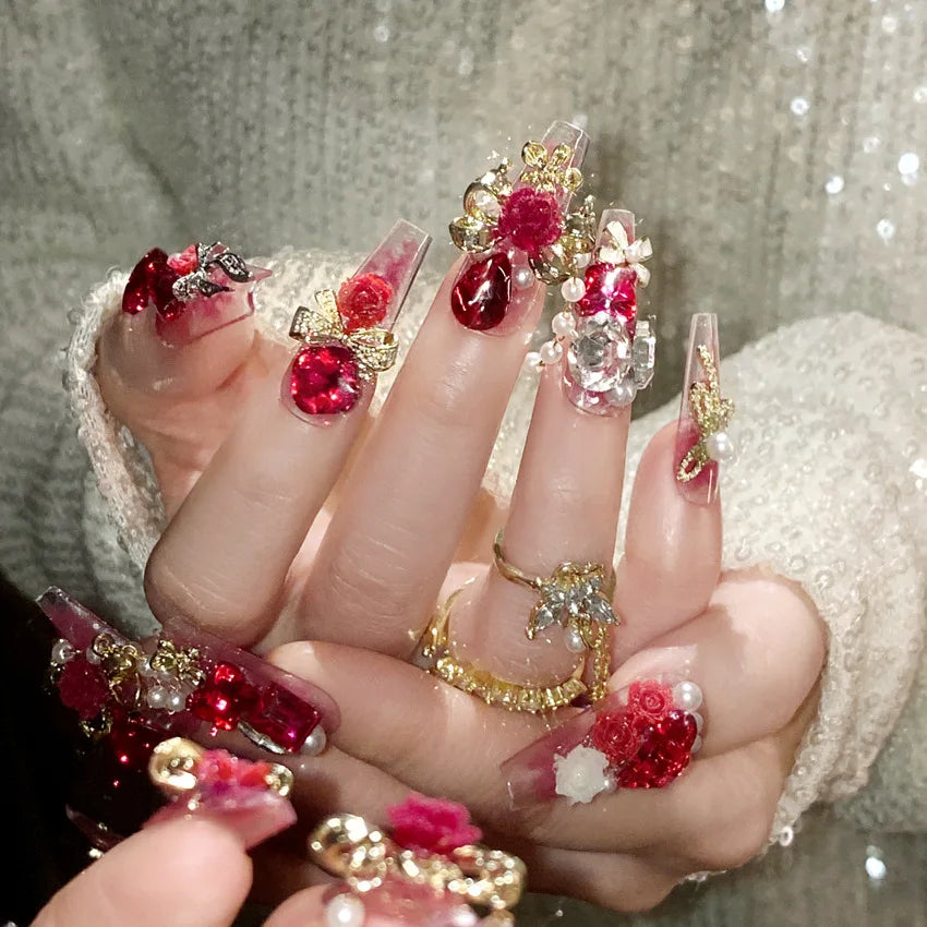 24pcs New Year Heavy Metal Press on Nails Chinese Bride Wedding Fake Nails Full Cover Wearable Shiny Large Crystal False Nails Peaceful Pleasures Health and Wellness