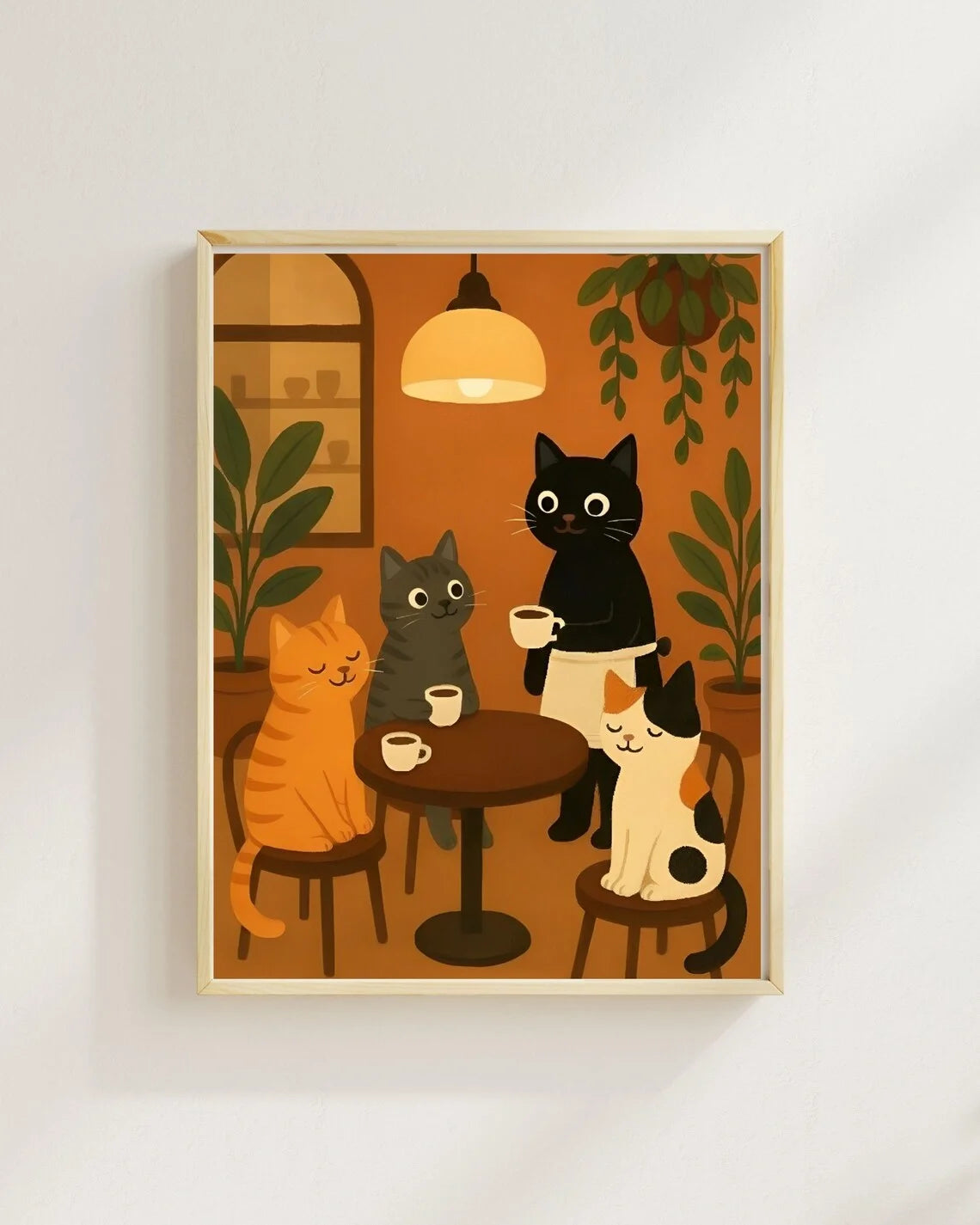 Whimsical Cat Cafe Illustration Poster, Retro Kitchen Wall Art With Tabby, Calico, And Black Barista Cats High Resolution Digita Peaceful Pleasures Health and Wellness TR261101-3 40x60cm Unframed
