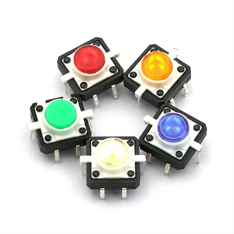 5PCS Reset Button Momentary Switch With Light 12x12x7.3mm Green Blue Red Yellow White LED Illuminated Tact Switch 12*12*7.3MM Peaceful Pleasures Health and Wellness 1 x 5 colours