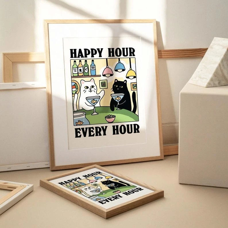 Happy Hour Cartoon Cat Canvas Wall Art Print | Home & Kids Decor