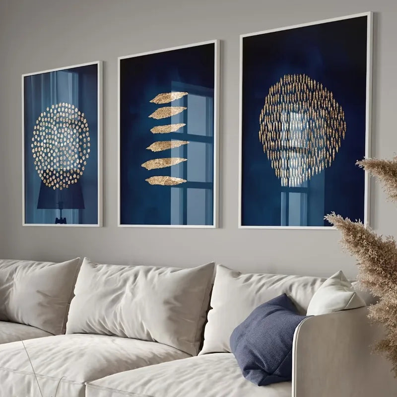 3pcs Navy Blue and Golden Wall Art Paintings, Frameless Canvas Poster, Modern Abstract Wall Art Poster, for Home Decor Peaceful Pleasures Health and Wellness