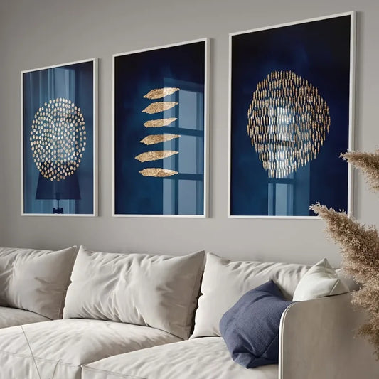 3pcs Navy Blue and Golden Wall Art Paintings, Frameless Canvas Poster, Modern Abstract Wall Art Poster, for Home Decor Peaceful Pleasures Health and Wellness