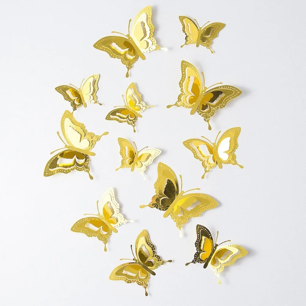12pcs New 3D Butterfly Wall Stickers Self Adhesive Hollow Butterfly Butterfly Wallpaper DIY Decal Festival Decoration Peaceful Pleasures Health and Wellness C-Gold