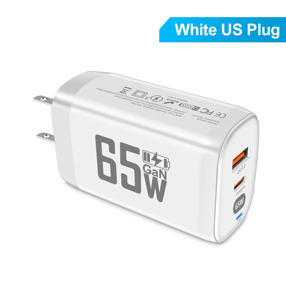 GaN 65W Fast Charger 2-Port PD QC3.0 USB Type C Wall Charger EU Plug Adapter for Laptop iPhone 15 Samsung Xiaomi Peaceful Pleasures Health and Wellness White US Plug