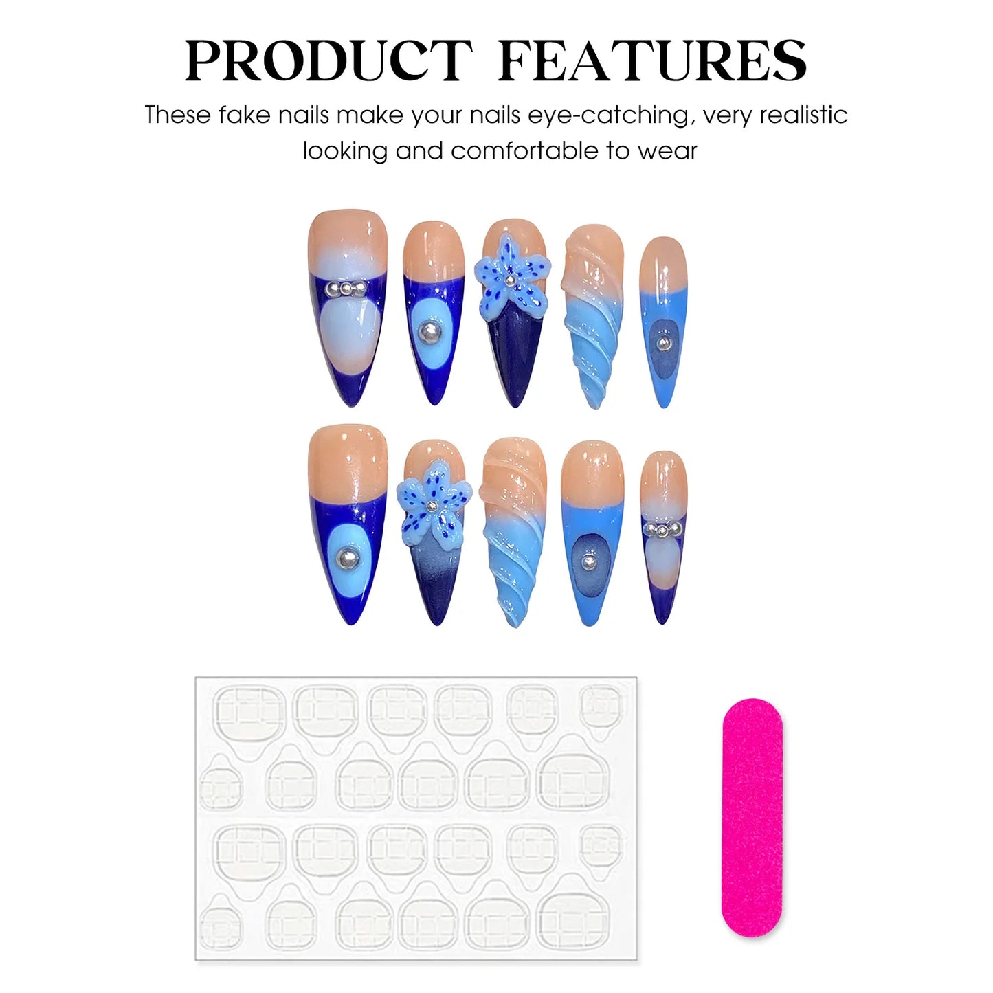 Handmade Press on Nails Long Pointed Sea Blue Starfish Decor False Nails 3D Pearls Decor French Fake Nails for Women and Girl Peaceful Pleasures Health and Wellness