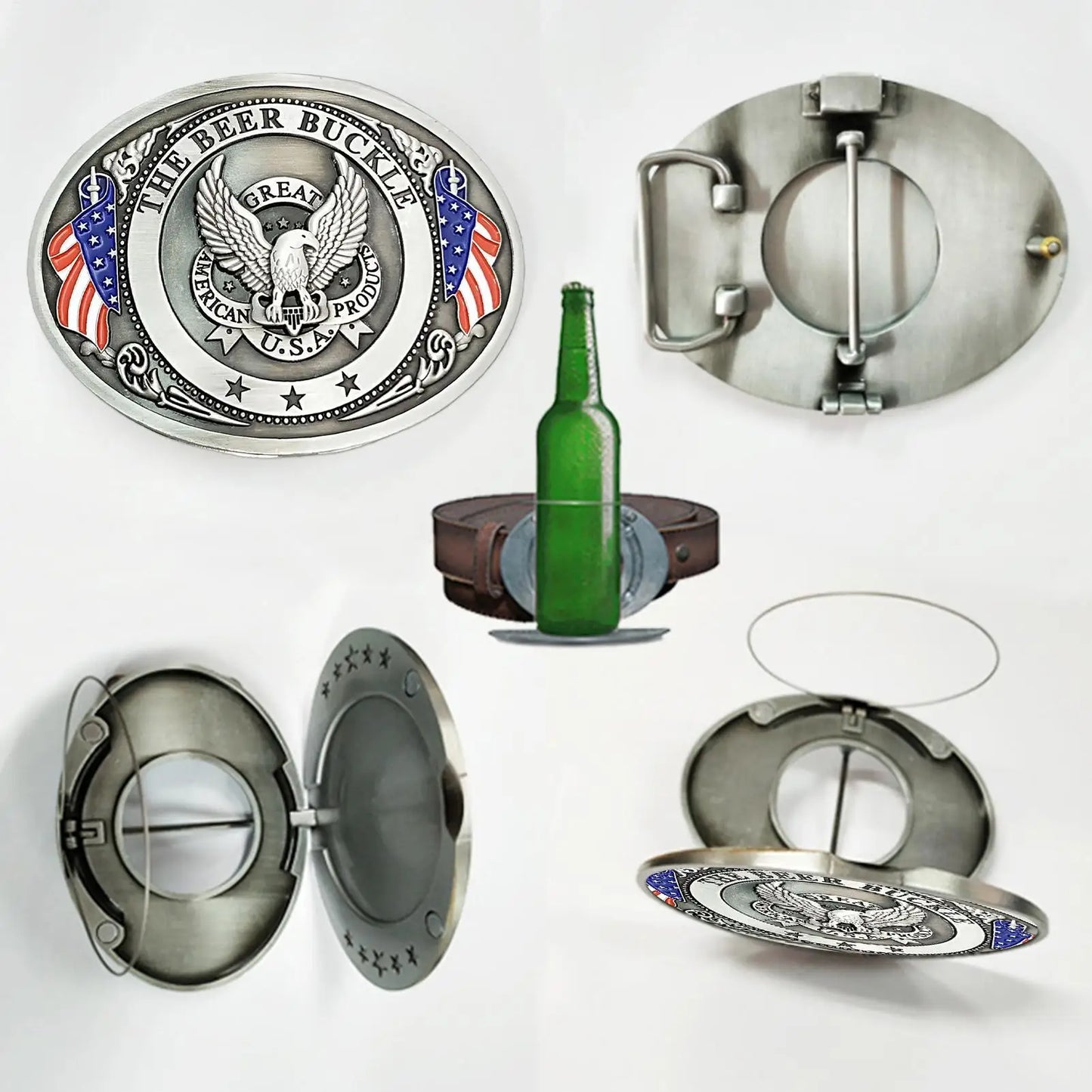 Belt Buckle Beer Holder for Men Vintage Eagle Bull Head American Flag, Metal Cup Holder for Beer Soda Can Water Bottle Party Peaceful Pleasures Health and Wellness
