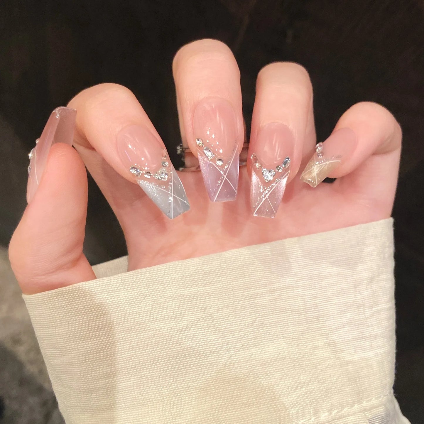 10pcs Handmade Press on Nails Shiny French Cat Eyes Fake Nail Tips with Rhinestone Decor Women Girl Wearable Coffin False Nails Peaceful Pleasures Health and Wellness XS 2