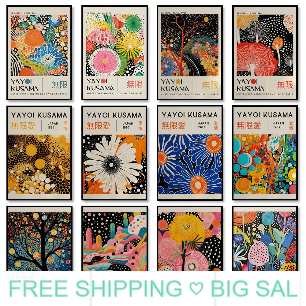 Abstract Yayoi Kusama Style Canvas Poster, Japanese Modern Art Mural Frameless Wall Art for Home Living Room Gallery Decor Peaceful Pleasures Health and Wellness