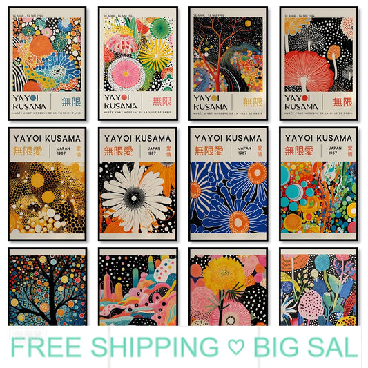 Abstract Yayoi Kusama Style Canvas Poster, Japanese Modern Art Mural Frameless Wall Art for Home Living Room Gallery Decor Peaceful Pleasures Health and Wellness