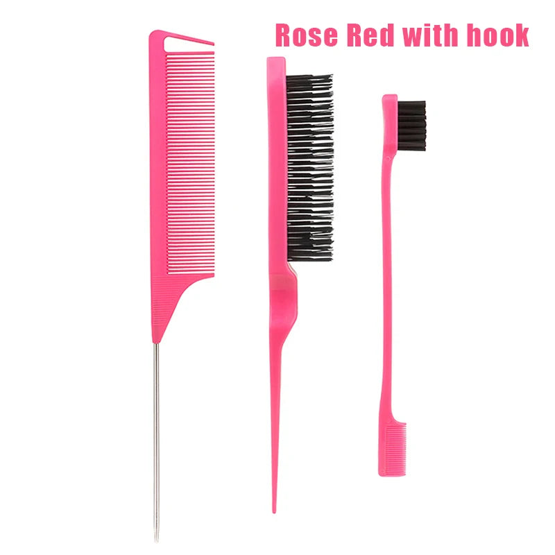 3-Piece Hair Styling Comb & Brush Set – Edge & Rat Tail Comb Hair Comb Brush Set Peaceful Pleasures Health and Wellness with hook Rose red