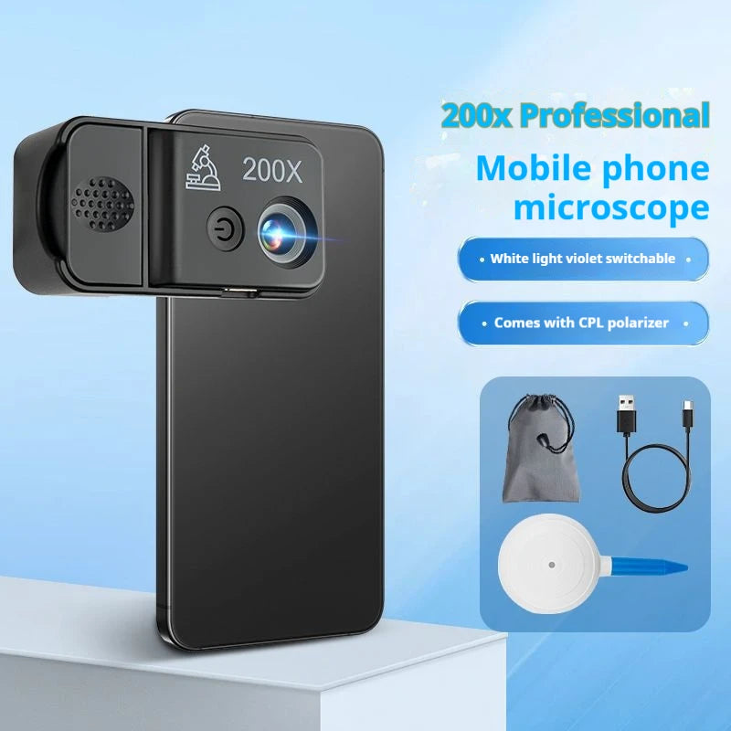Mobile Phone Microscope 200X Purple Light Identification Portable Rechargeable Gift Peaceful Pleasures Health and Wellness