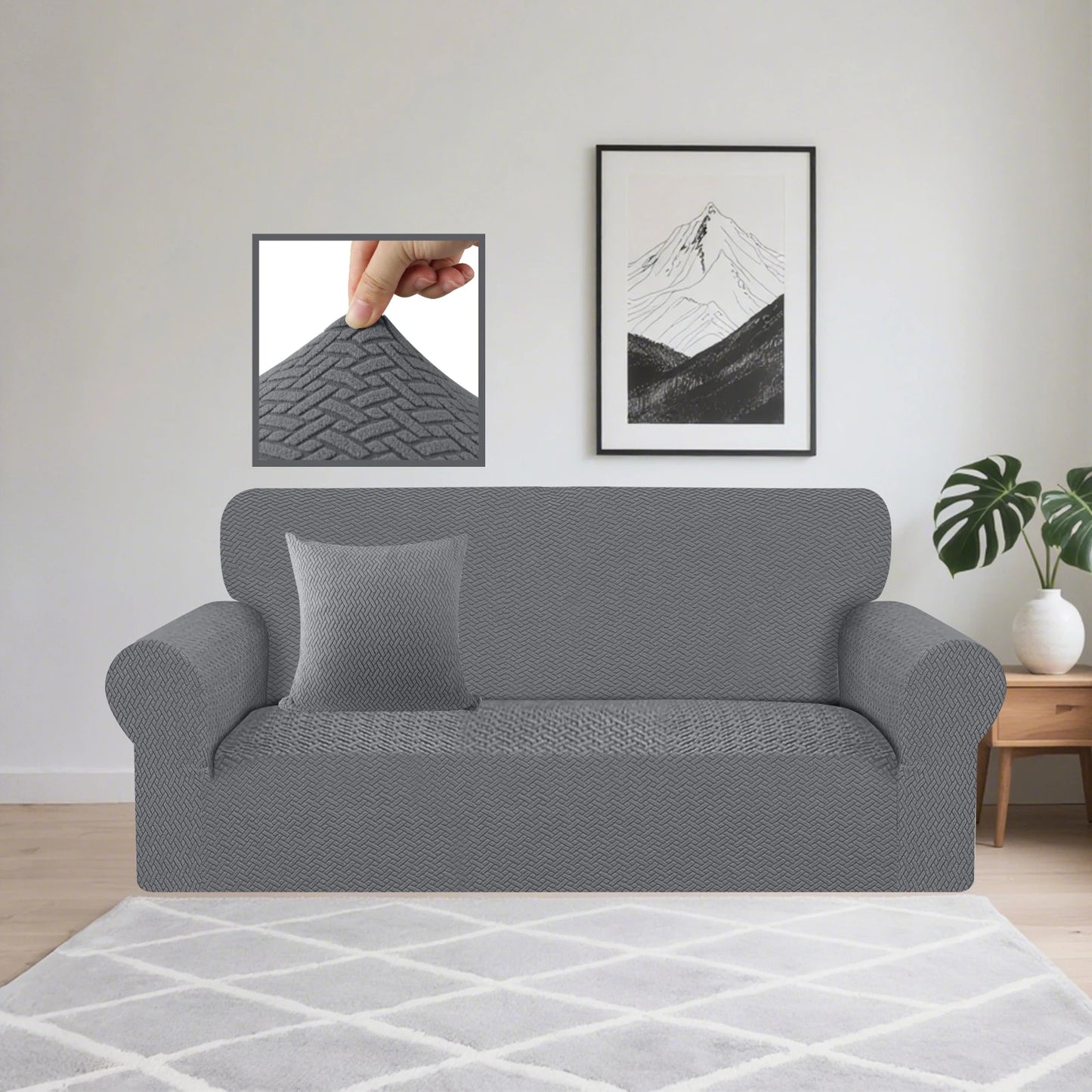 Stretch Sofa Cover Jacquard Spandex Elastic Sofa Slipcovers Couch Covers for Living Room Pets Kids Dogs Furniture Protector Peaceful Pleasures Health and Wellness Grey 1 Seater 90-140 cm