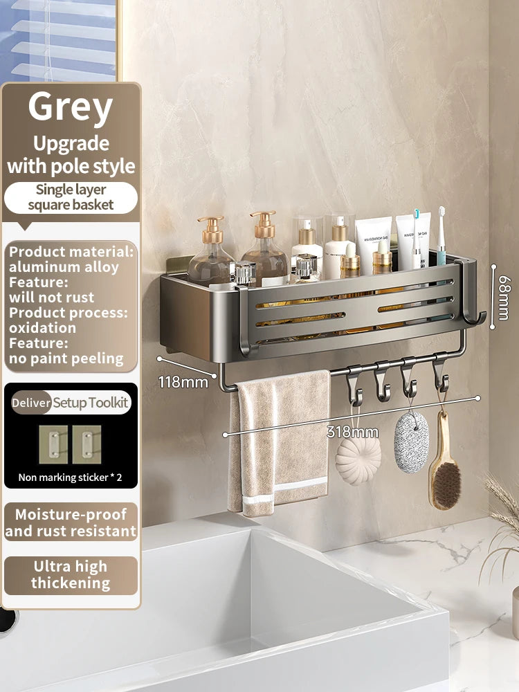 No-Drill Adhesive Bathroom Shelf & Towel Rack | Metal Wall Mount