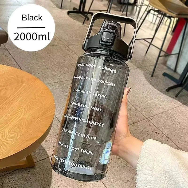 2L Portable Water Bottle Large Capacity Plastic Straw Water Cup Drink Bottle with Time Marker for Outdoor Sports Fitness Hot Peaceful Pleasures Health and Wellness black 2.0L