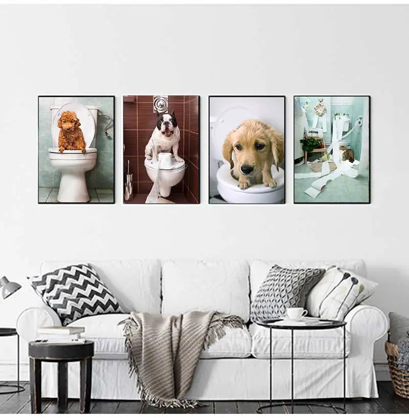 Funny Animal Dog Read Newspaper Oil Painting on Canvas Wall Art Poster Prints Wall Art Picture for Bathroom Toilet Decoration Peaceful Pleasures Health and Wellness