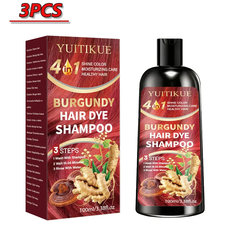YUITIKUE 4 IN 1 Burgundy Hair Dye Shampoo Natural Ginger Herbal Long Lasting Moisturizing Hair Color Shampoo 100ml Peaceful Pleasures Health and Wellness 3pcs