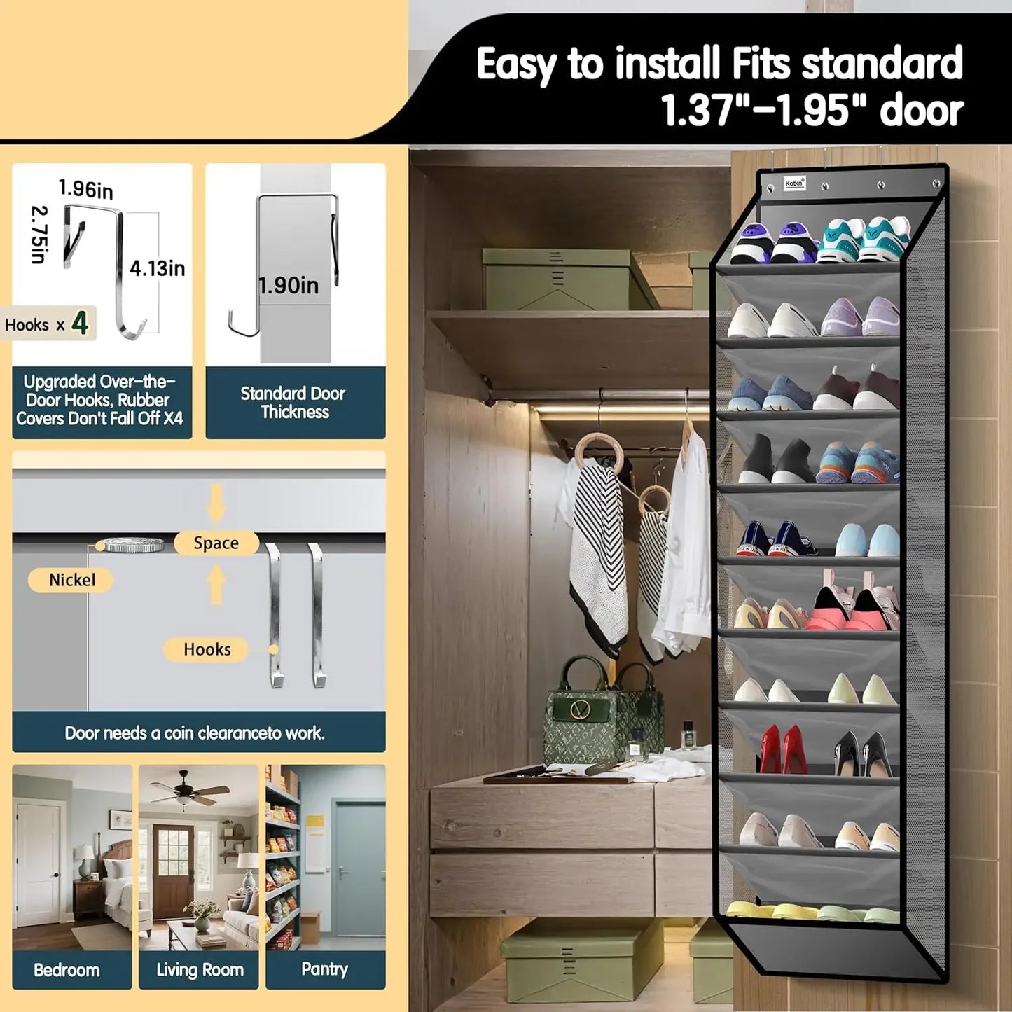 10-Tier Over-Door Shoe Organizer with Heavy-Duty Oxford Fabric, Holds 20+ Pairs, Saves Closet Space (Gray) Peaceful Pleasures Health and Wellness