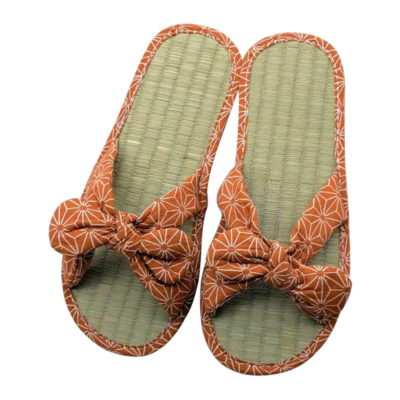 Women's Bohemian Flat Slide Sandals | Bow Rattan Beach Slippers