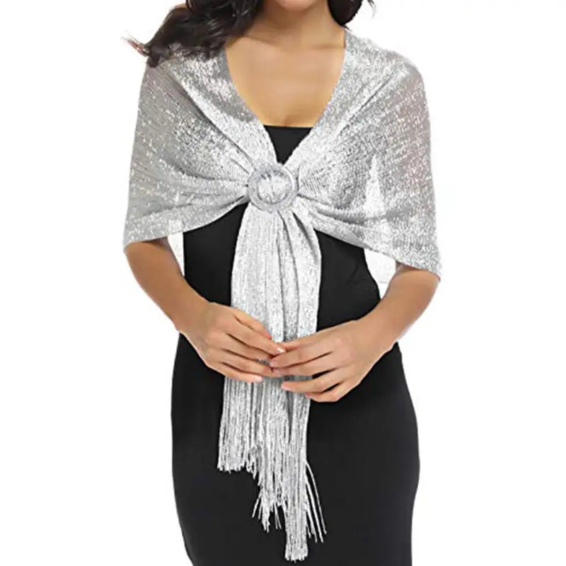 Ladies' Decorative Shawl Gold And Silver Silk Beach Play Tassel Scarf With Buckle Dinner Party Dance Party Wedding Attire Peaceful Pleasures Health and Wellness silvery