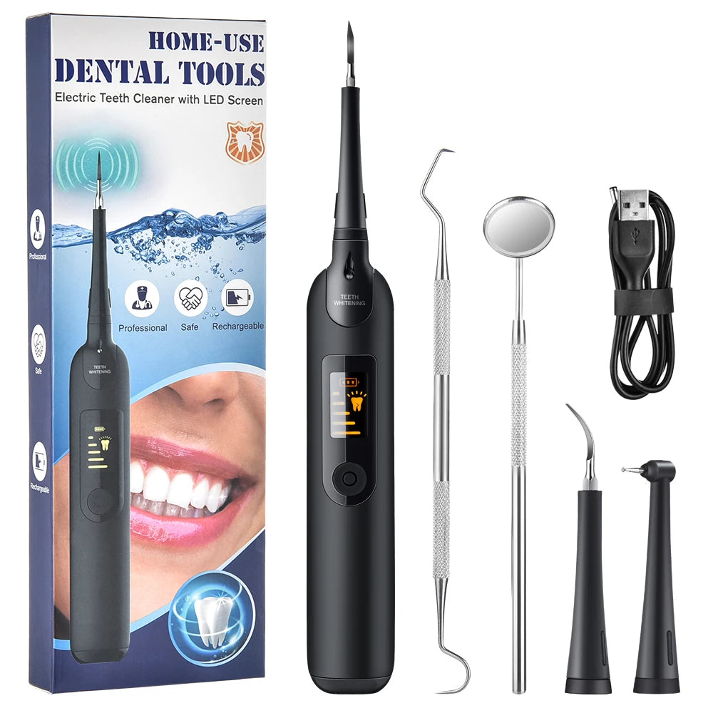 Teeth Tartar Remover Electric Sonic Dental Calculus and Plaque Remover With LED Light Teeth Whitening Kit Dental Tools At Home Peaceful Pleasures Health and Wellness black