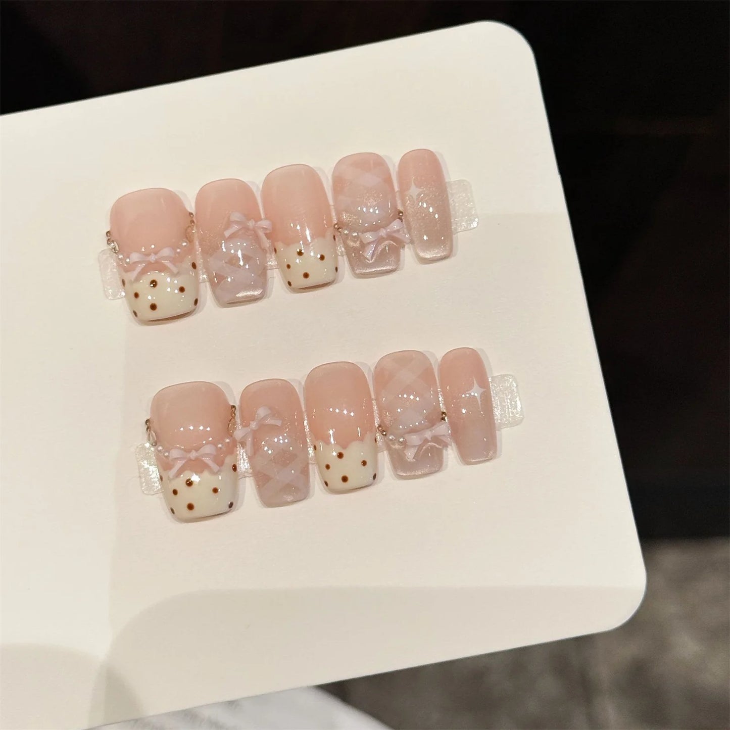 10pcs Sweet Stars Bow Handmade Fake Nails Press on Nails Gentle Cat's Eye Fake Nails French Tips Detachable Wedding False Nails Peaceful Pleasures Health and Wellness L 1