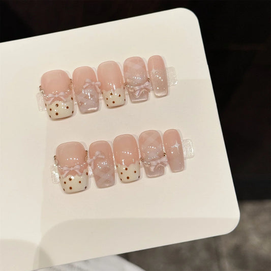10pcs Sweet Stars Bow Handmade Fake Nails Press on Nails Gentle Cat's Eye Fake Nails French Tips Detachable Wedding False Nails Peaceful Pleasures Health and Wellness L 1