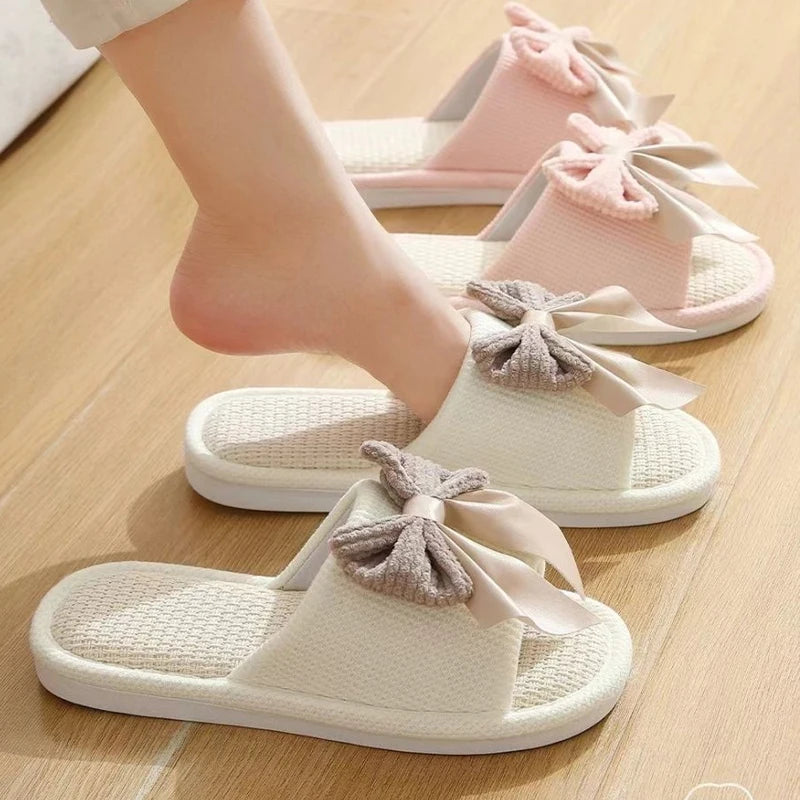 Women's Linen Bowknot Flat Slippers – Soft Lightweight Indoor Slides