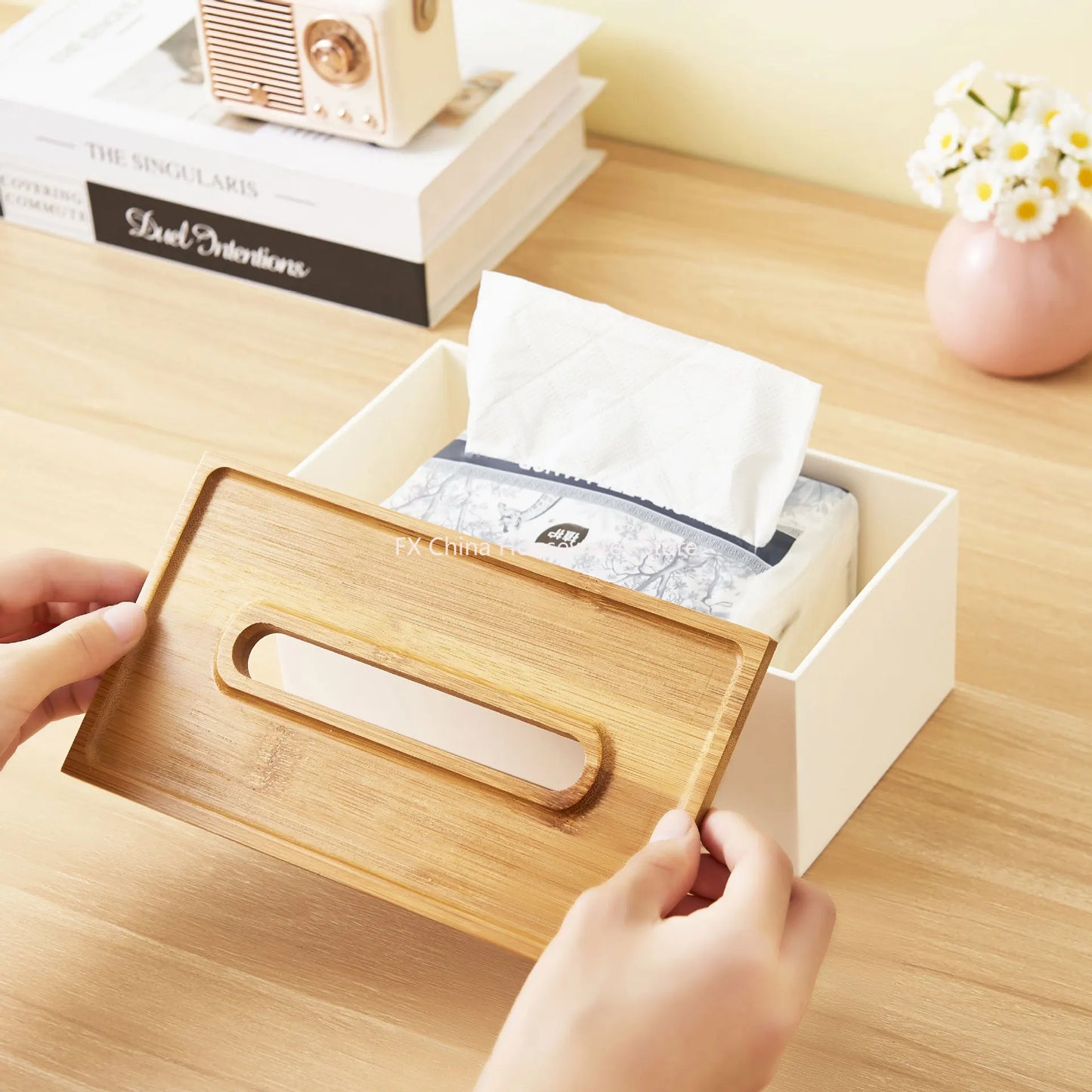 Japanese Style Bamboo Lid Tissue Box Holder - Plastic Desktop Organizer for Living Room, Bathroom, Office, Kitchen Storage Peaceful Pleasures Health and Wellness