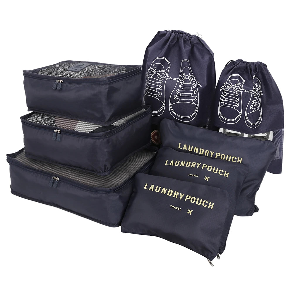 8Pcs/Set Travel Organizer Storage Bags Suitcase Packing Cubes Set Cases Portable Luggage Clothes Shoe Tidy Pouch Folding Bags Peaceful Pleasures Health and Wellness 8Pcs Navy 1