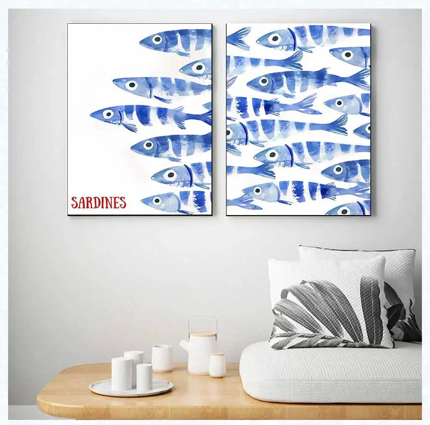 Blue Sardines Fish Canvas Print Set | Japanese Cute Wall Art