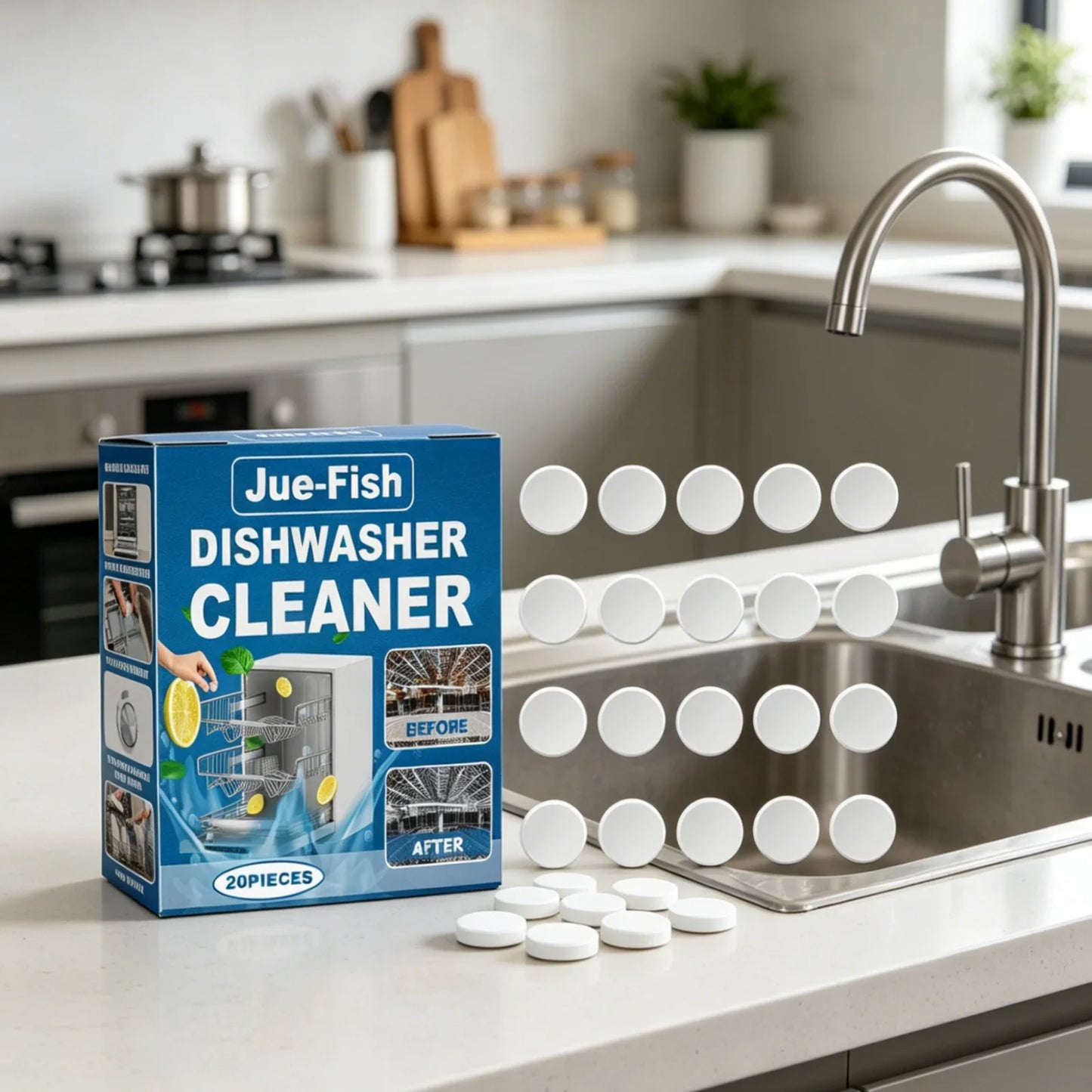 Jue Fish Dishwasher Cleaner Tablets – Descale & Deodorize 20pk