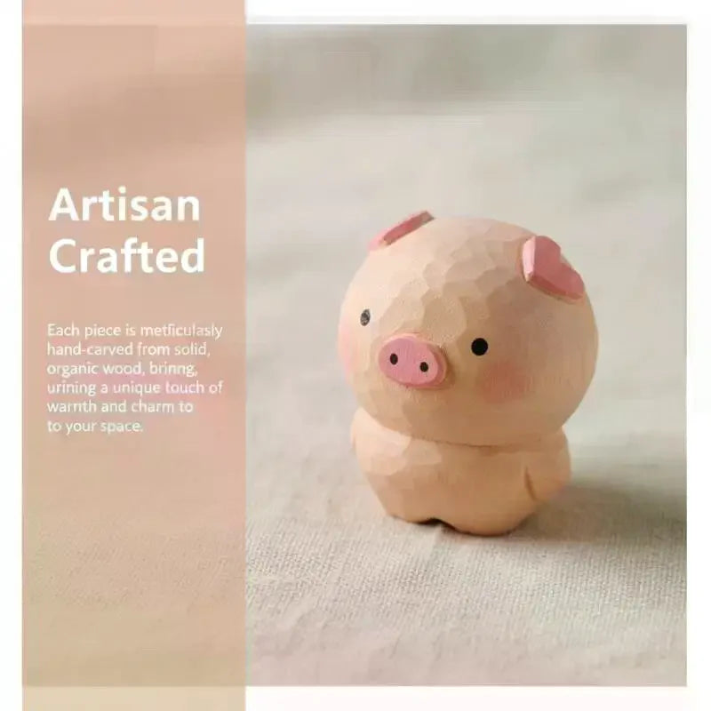 Handmade Wooden Pig Figurine Fu Character Desk Ornament Gift