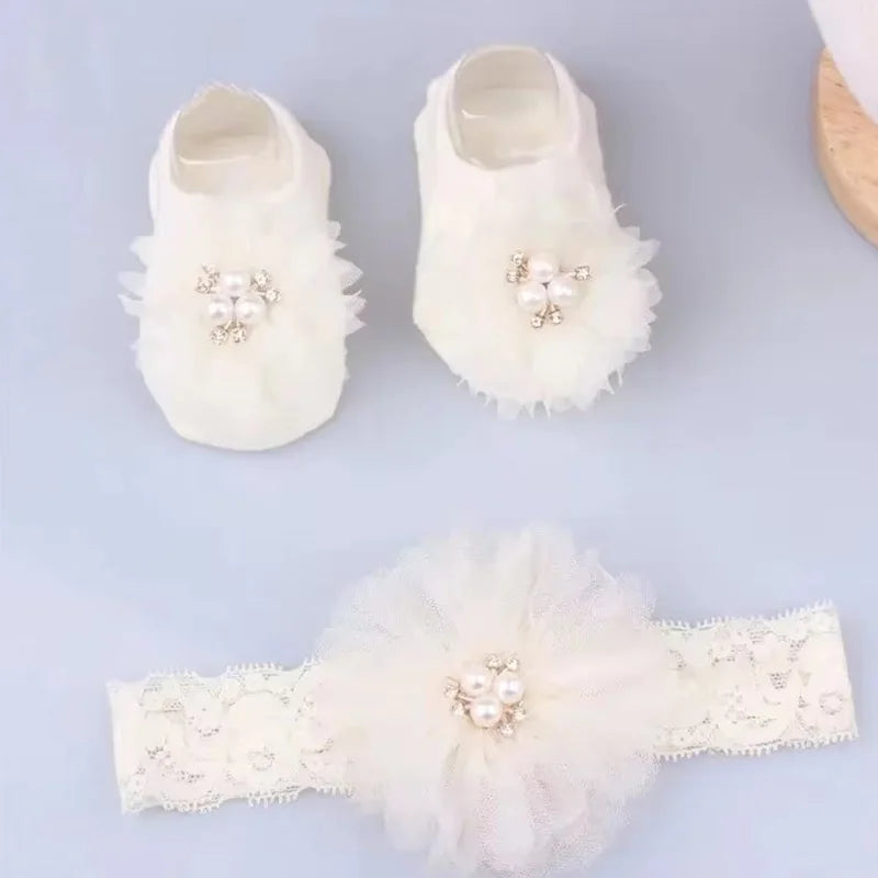 Cute Pearl Bows Baby Headband Socks Set Non Slip Cotton Sock Lace Flower Newborn Hair Band Turban Girl Hair Accessories Peaceful Pleasures Health and Wellness Beige 0-1years